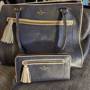 Kate Spade Chester Street Allyn Large Tote Bag & Wallet Bundle Lot Navy Leather